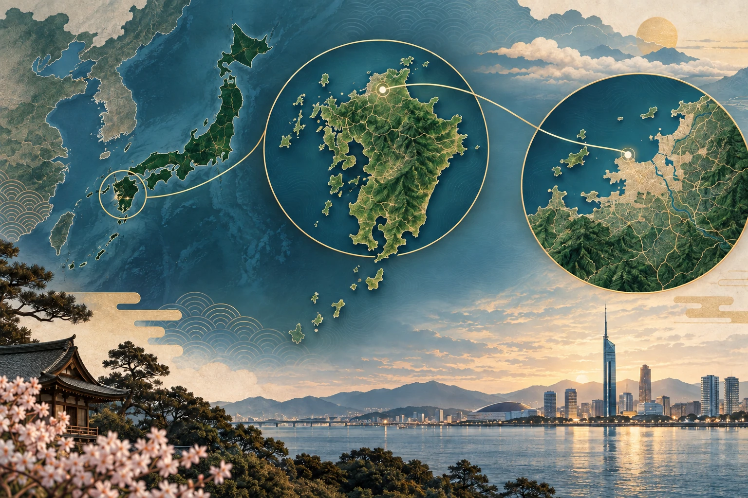 Illustrated map showing Fukuoka on the northern coast of Kyushu, Japan